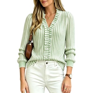 Springrain Women’s Striped Cardigan Sweater V Neck Ruffle Fall | Soft Breathable Knit Texture, Button-Front Placket, Long Balloon Sleeves with Ribbed Cuffs, Versatile Cool-Weather Layering(Green)