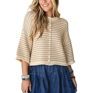 Springrain Women’s Striped Cardigan Sweaters Button Down Fall | Soft Lightweight Knit Fabric, Front Button Closure Design, Relaxed Loose Fit Cut, Long Sleeve Ribbed Cuffs(Khaki)