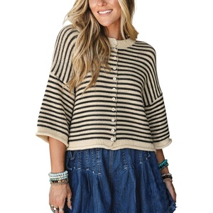 Springrain Women’s Striped Cardigan Sweaters Button Down Fall | Soft Lightweight Knit Fabric, Front Button Closure Design, Relaxed Loose Fit Cut, Long Sleeve Ribbed Cuffs(Black)