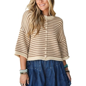 Springrain Women’s Striped Cardigan Sweaters Button Down Fall | Soft Lightweight Knit Fabric, Front Button Closure Design, Relaxed Loose Fit Cut, Long Sleeve Ribbed Cuffs(Brown)