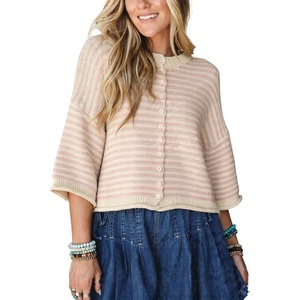 Springrain Women’s Striped Cardigan Sweaters Button Down Fall | Soft Lightweight Knit Fabric, Front Button Closure Design, Relaxed Loose Fit Cut, Long Sleeve Ribbed Cuffs(Pink)