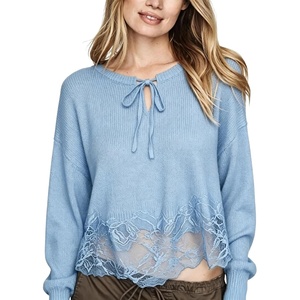 Springrain Women’s Tie Front Lace Trim Knit Cropped Sweater Top | Scalloped lace hem detail, Relaxed drop shoulder fit, Soft breathable cozy material, Versatile everyday casual wear(Blue)