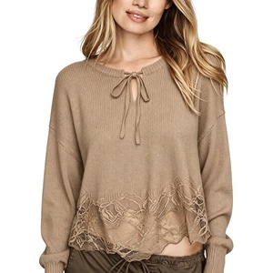 Springrain Women’s Tie Front Lace Trim Knit Cropped Sweater Top | Scalloped lace hem detail, Relaxed drop shoulder fit, Soft breathable cozy material, Versatile everyday casual wear(Khaki)