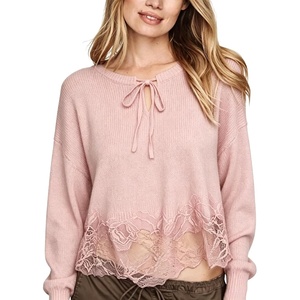 Springrain Women’s Tie Front Lace Trim Knit Cropped Sweater Top | Scalloped lace hem detail, Relaxed drop shoulder fit, Soft breathable cozy material, Versatile everyday casual wear(Pink)