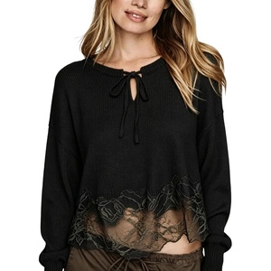 Springrain Women’s Tie Front Lace Trim Knit Cropped Sweater Top | Scalloped lace hem detail, Relaxed drop shoulder fit, Soft breathable cozy material, Versatile everyday casual wear(Black)