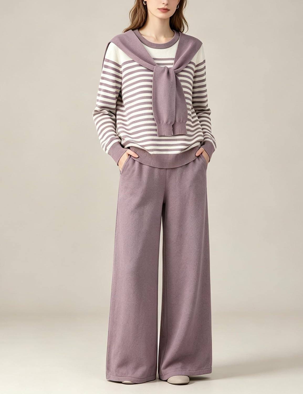 image:imageSpringrain Womens 2 Piece Outfits Lounge Sets Knit Sweatsuits Sailor Collar Striped Long Sleeve Top Wide Leg Casual Pants Soft breathable Fabric Versatile relaxed casual stylePurple