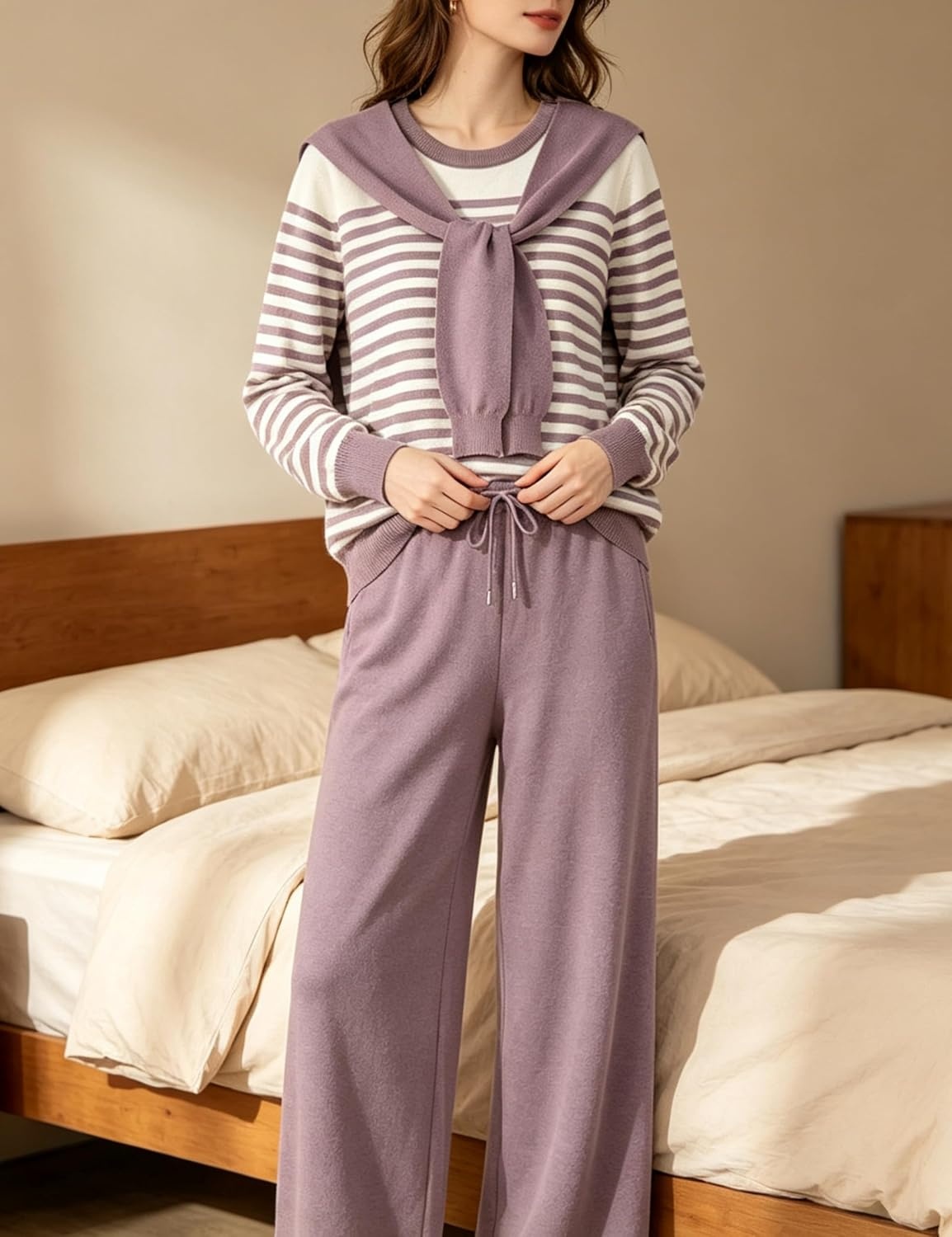 image:imageSpringrain Womens 2 Piece Outfits Lounge Sets Knit Sweatsuits Sailor Collar Striped Long Sleeve Top Wide Leg Casual Pants Soft breathable Fabric Versatile relaxed casual stylePurple