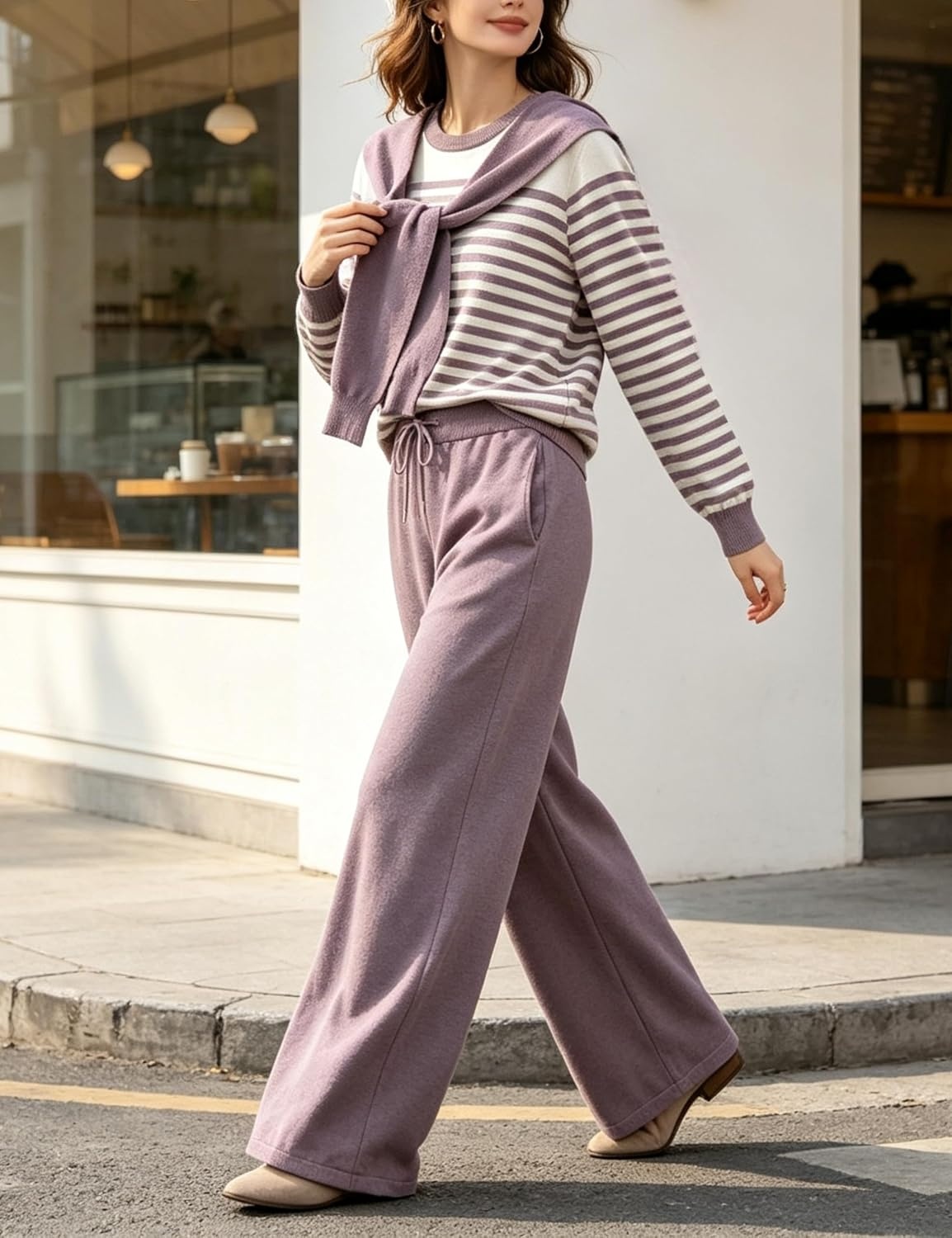 image:imageSpringrain Womens 2 Piece Outfits Lounge Sets Knit Sweatsuits Sailor Collar Striped Long Sleeve Top Wide Leg Casual Pants Soft breathable Fabric Versatile relaxed casual stylePurple