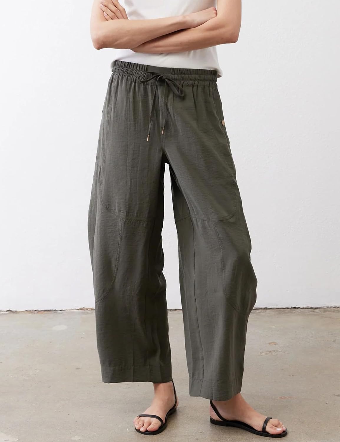 image:imageSpringrain Womens Barrel Cotton Linen Pants Drawstring Waist Lightweight Breathable Material Functional Button Pockets Wide Leg Pants for Women Packable for Travel MultiScene WearArmygreen