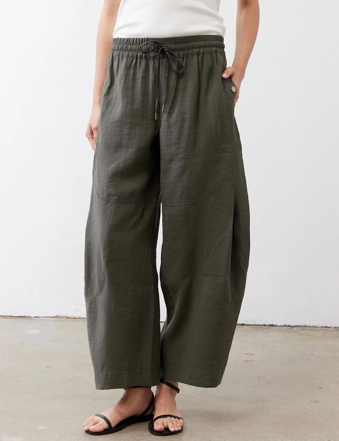image:imageSpringrain Womens Barrel Cotton Linen Pants Drawstring Waist Lightweight Breathable Material Functional Button Pockets Wide Leg Pants for Women Packable for Travel MultiScene WearArmygreen