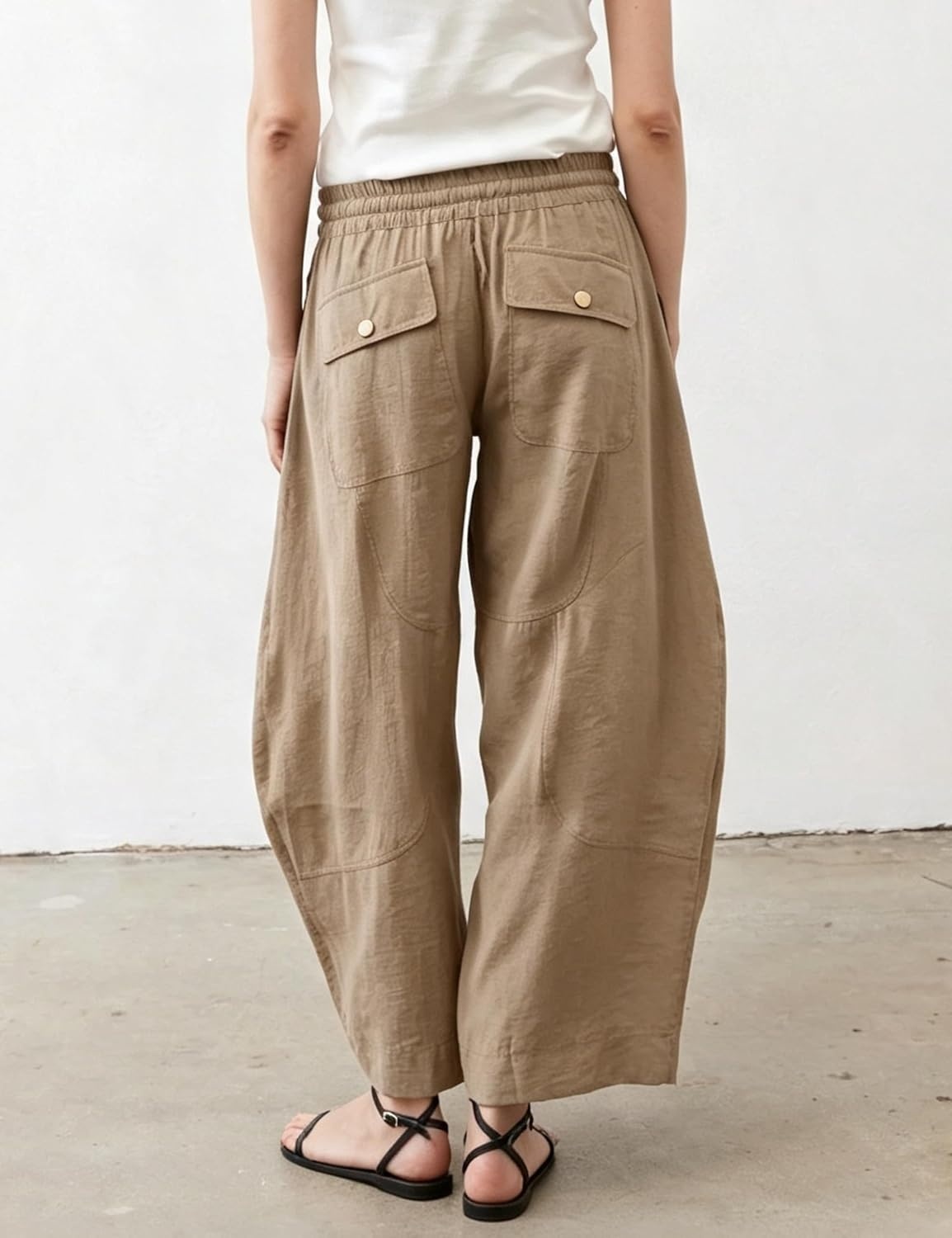 image:imageSpringrain Womens Barrel Cotton Linen Pants Drawstring Waist Lightweight Breathable Material Functional Button Pockets Wide Leg Pants for Women Packable for Travel MultiScene WearKhaki