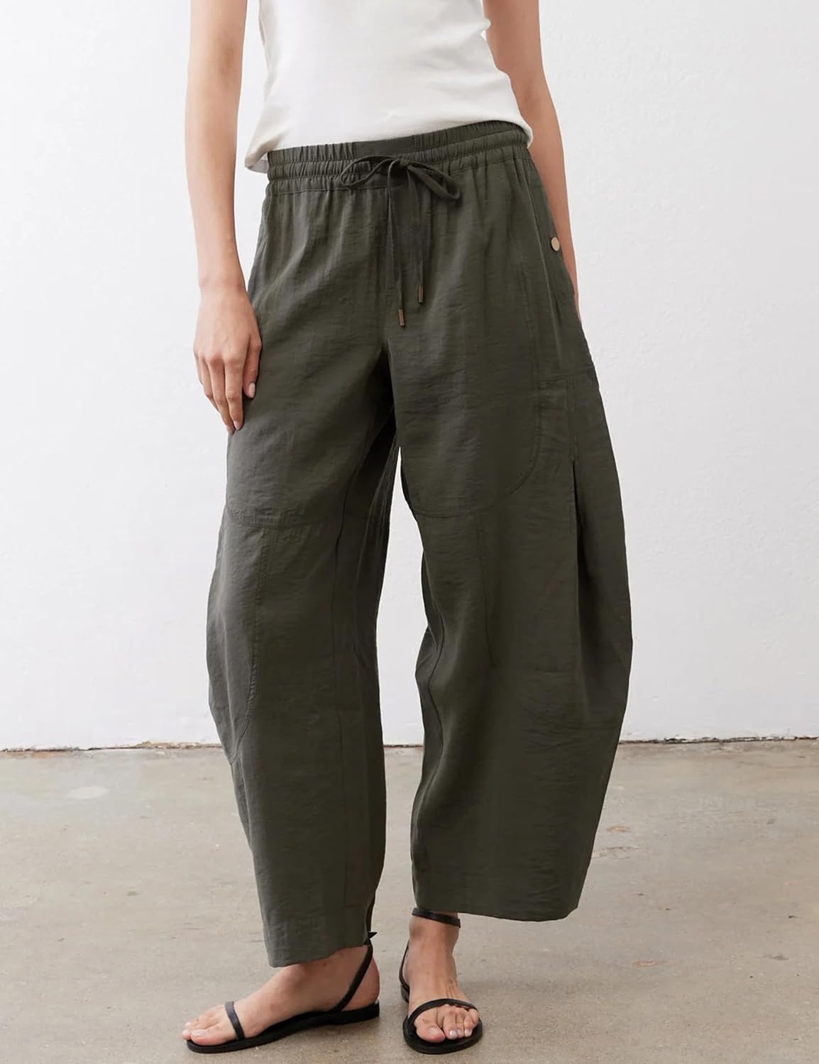 image:imageSpringrain Womens Barrel Cotton Linen Pants Drawstring Waist Lightweight Breathable Material Functional Button Pockets Wide Leg Pants for Women Packable for Travel MultiScene WearArmygreen