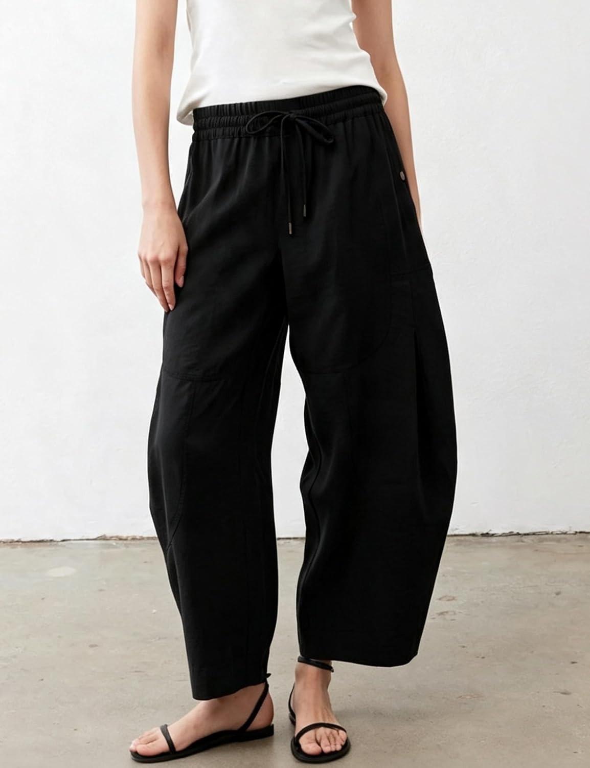 image:imageSpringrain Womens Barrel Cotton Linen Pants Drawstring Waist Lightweight Breathable Material Functional Button Pockets Wide Leg Pants for Women Packable for Travel MultiScene WearBlack