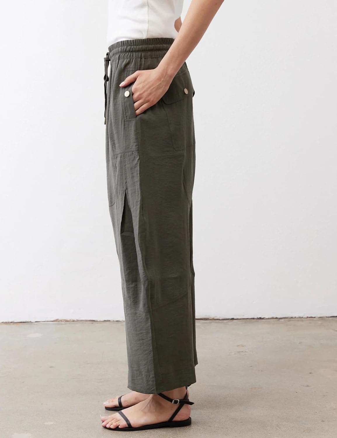 image:imageSpringrain Womens Barrel Cotton Linen Pants Drawstring Waist Lightweight Breathable Material Functional Button Pockets Wide Leg Pants for Women Packable for Travel MultiScene WearArmygreen
