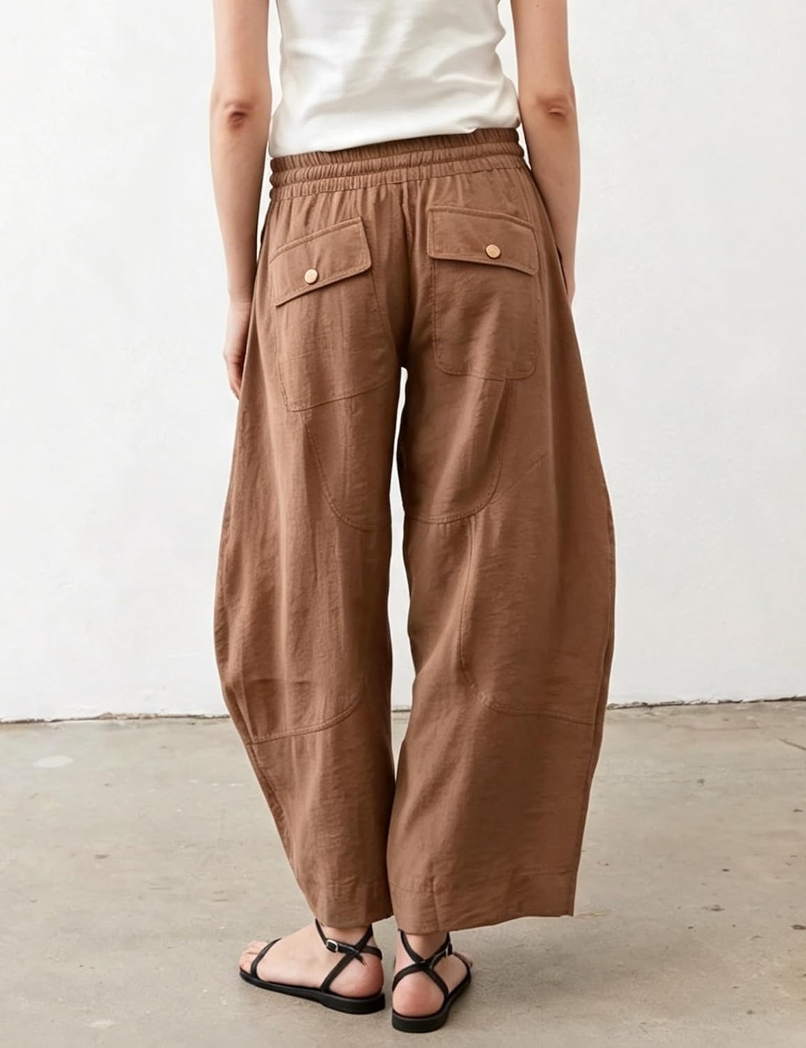 image:imageSpringrain Womens Barrel Cotton Linen Pants Drawstring Waist Lightweight Breathable Material Functional Button Pockets Wide Leg Pants for Women Packable for Travel MultiScene WearBrown
