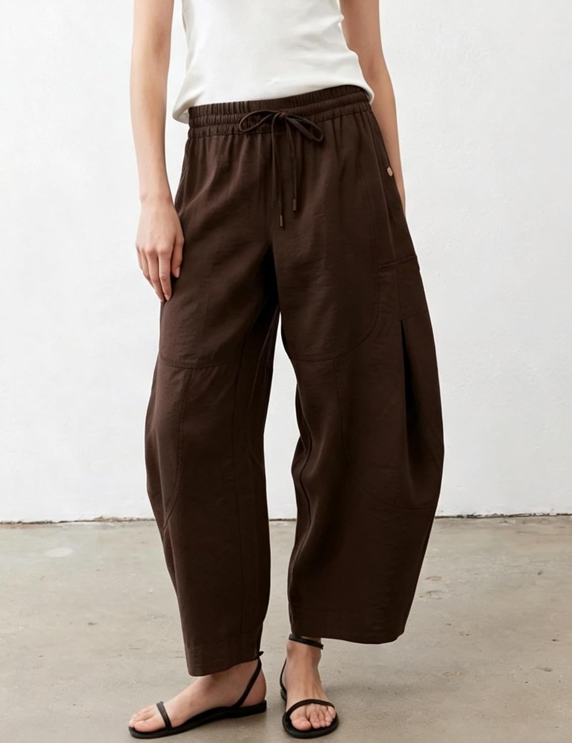 image:imageSpringrain Womens Barrel Cotton Linen Pants Drawstring Waist Lightweight Breathable Material Functional Button Pockets Wide Leg Pants for Women Packable for Travel MultiScene WearCoffee