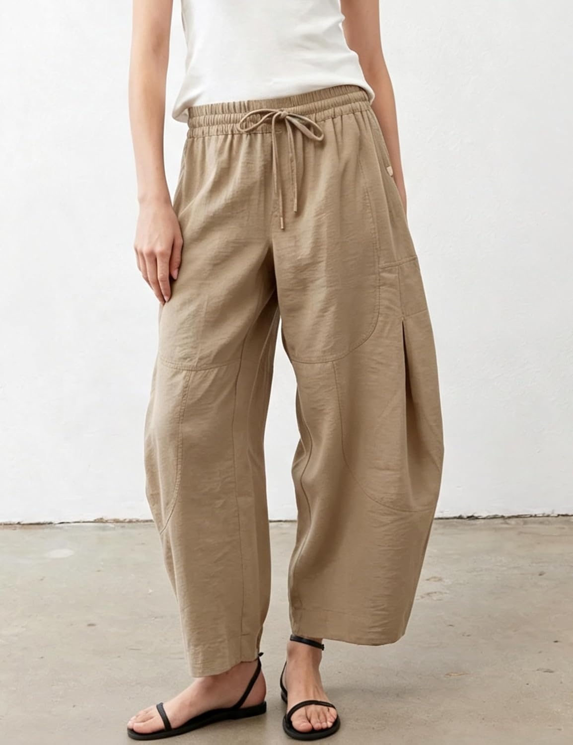 image:imageSpringrain Womens Barrel Cotton Linen Pants Drawstring Waist Lightweight Breathable Material Functional Button Pockets Wide Leg Pants for Women Packable for Travel MultiScene WearKhaki
