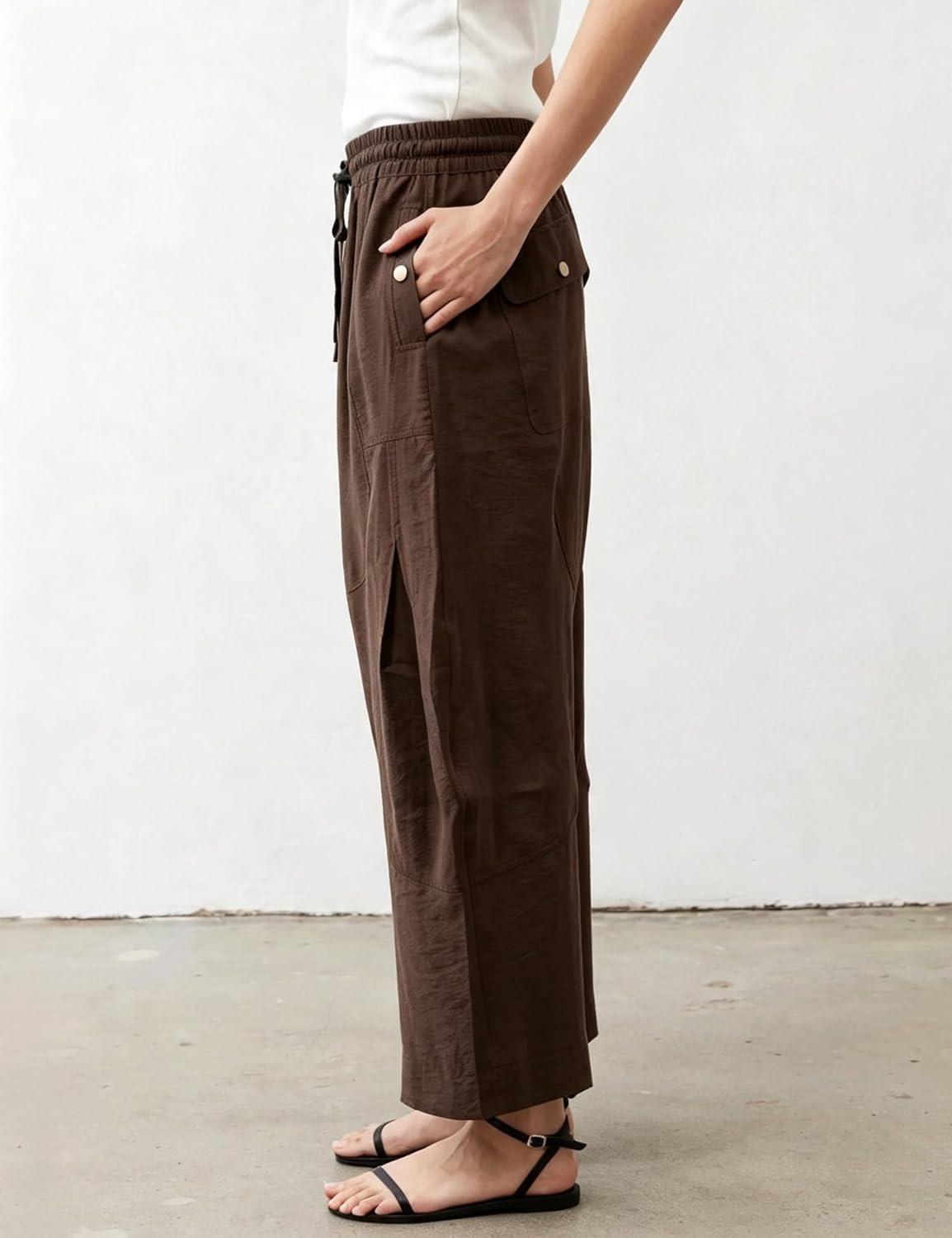 image:imageSpringrain Womens Barrel Cotton Linen Pants Drawstring Waist Lightweight Breathable Material Functional Button Pockets Wide Leg Pants for Women Packable for Travel MultiScene WearCoffee