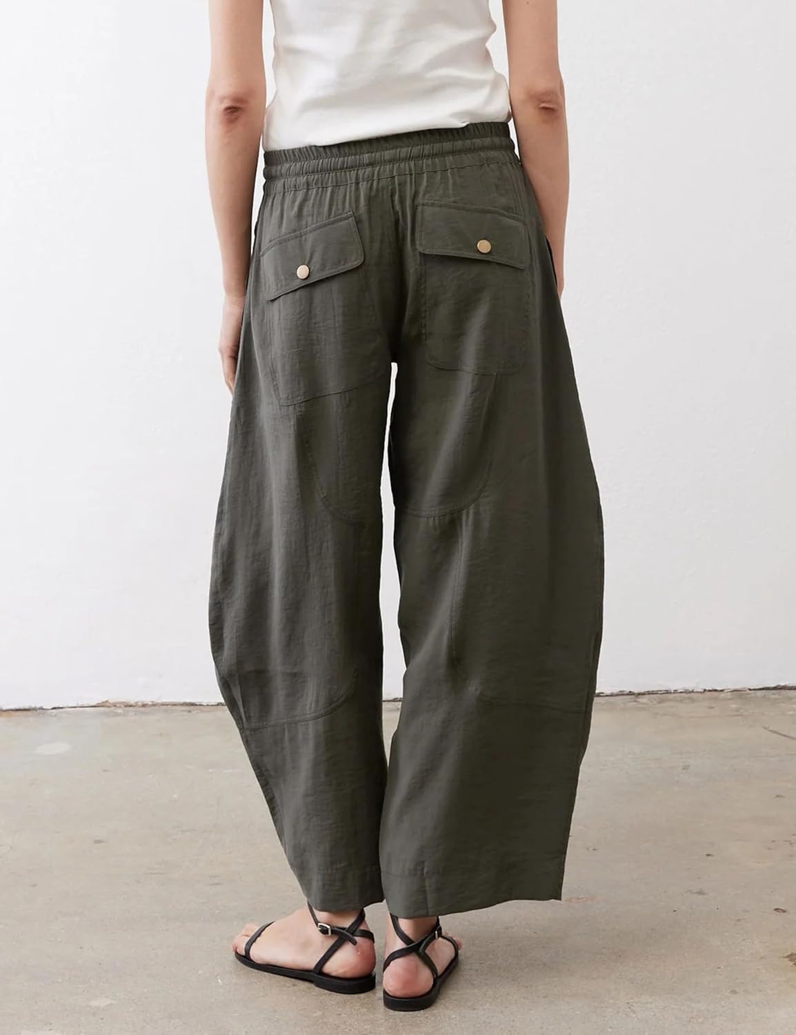 image:imageSpringrain Womens Barrel Cotton Linen Pants Drawstring Waist Lightweight Breathable Material Functional Button Pockets Wide Leg Pants for Women Packable for Travel MultiScene WearArmygreen