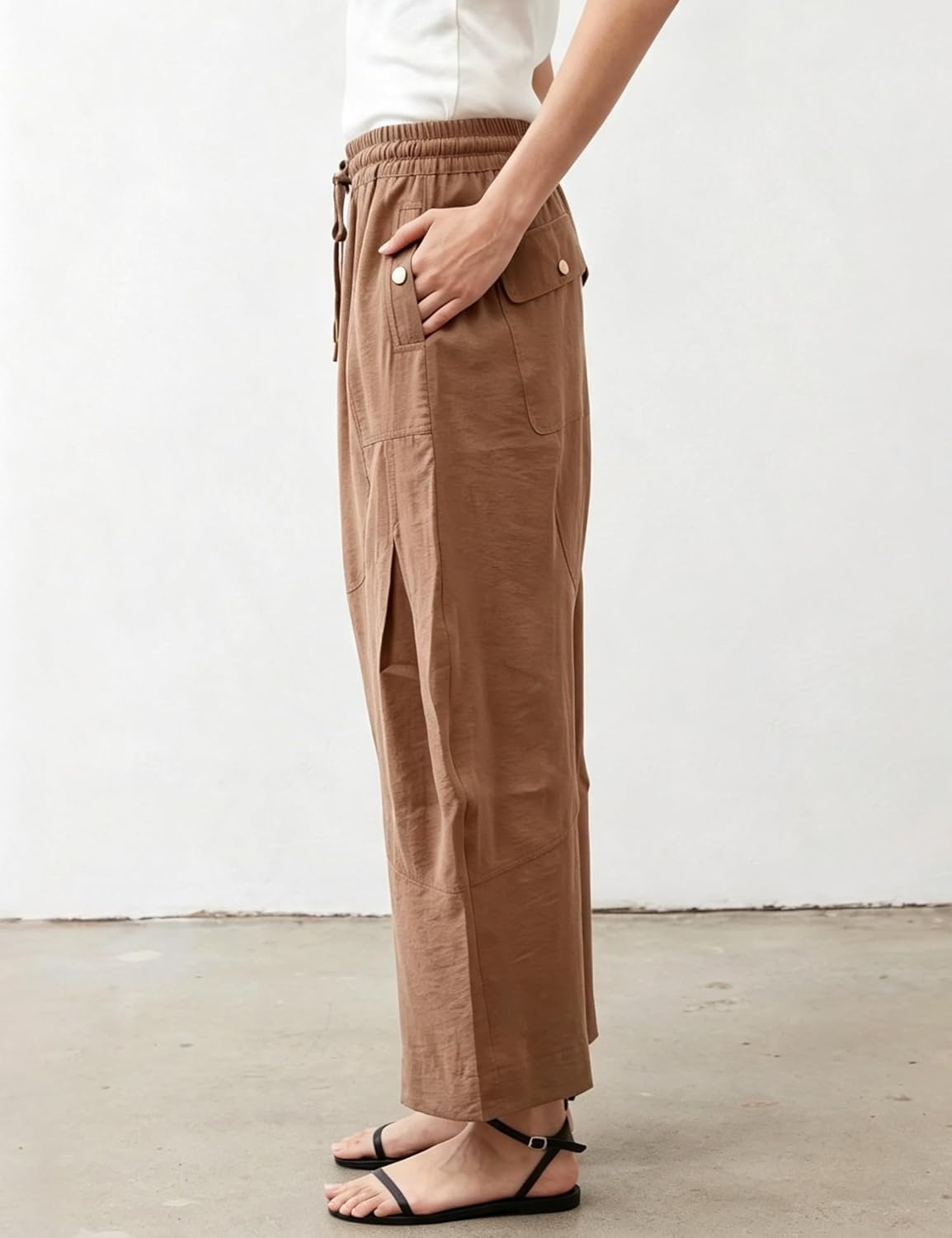 image:imageSpringrain Womens Barrel Cotton Linen Pants Drawstring Waist Lightweight Breathable Material Functional Button Pockets Wide Leg Pants for Women Packable for Travel MultiScene WearBrown