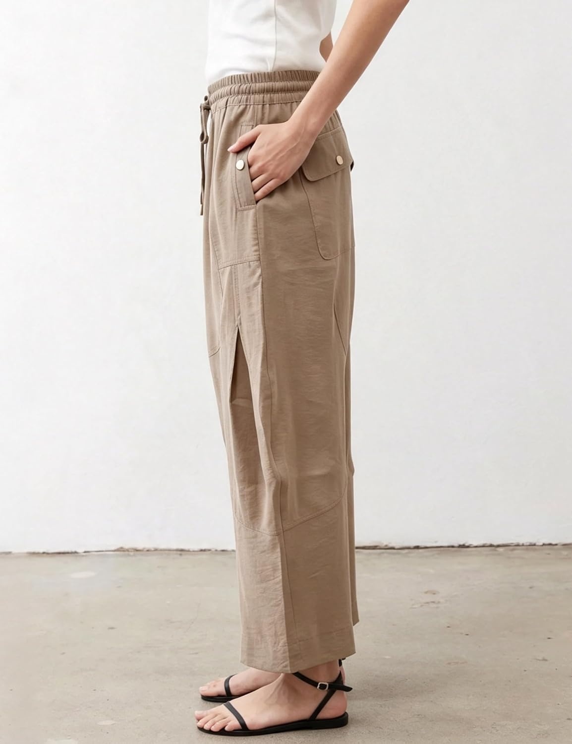 image:imageSpringrain Womens Barrel Cotton Linen Pants Drawstring Waist Lightweight Breathable Material Functional Button Pockets Wide Leg Pants for Women Packable for Travel MultiScene WearKhaki
