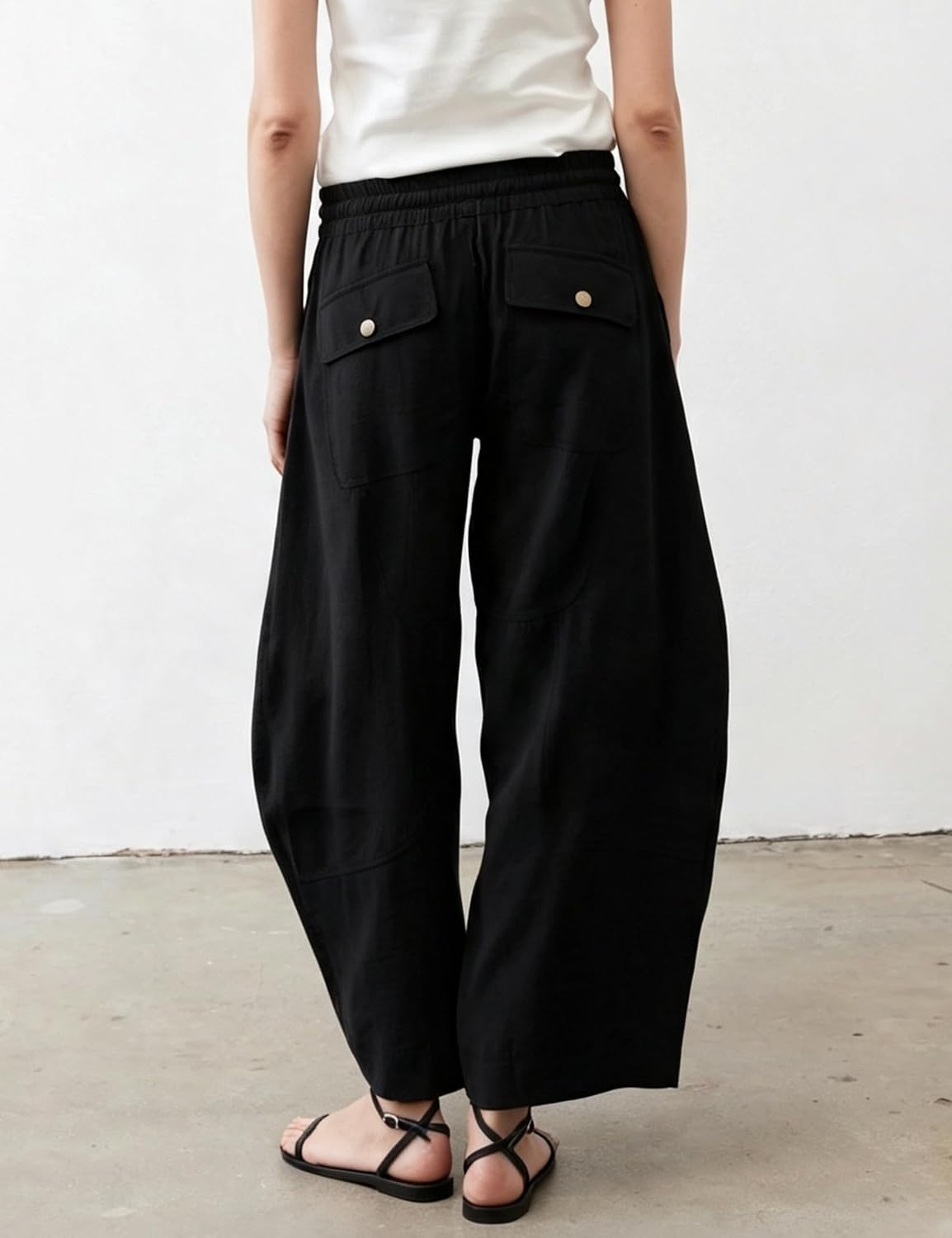 image:imageSpringrain Womens Barrel Cotton Linen Pants Drawstring Waist Lightweight Breathable Material Functional Button Pockets Wide Leg Pants for Women Packable for Travel MultiScene WearBlack