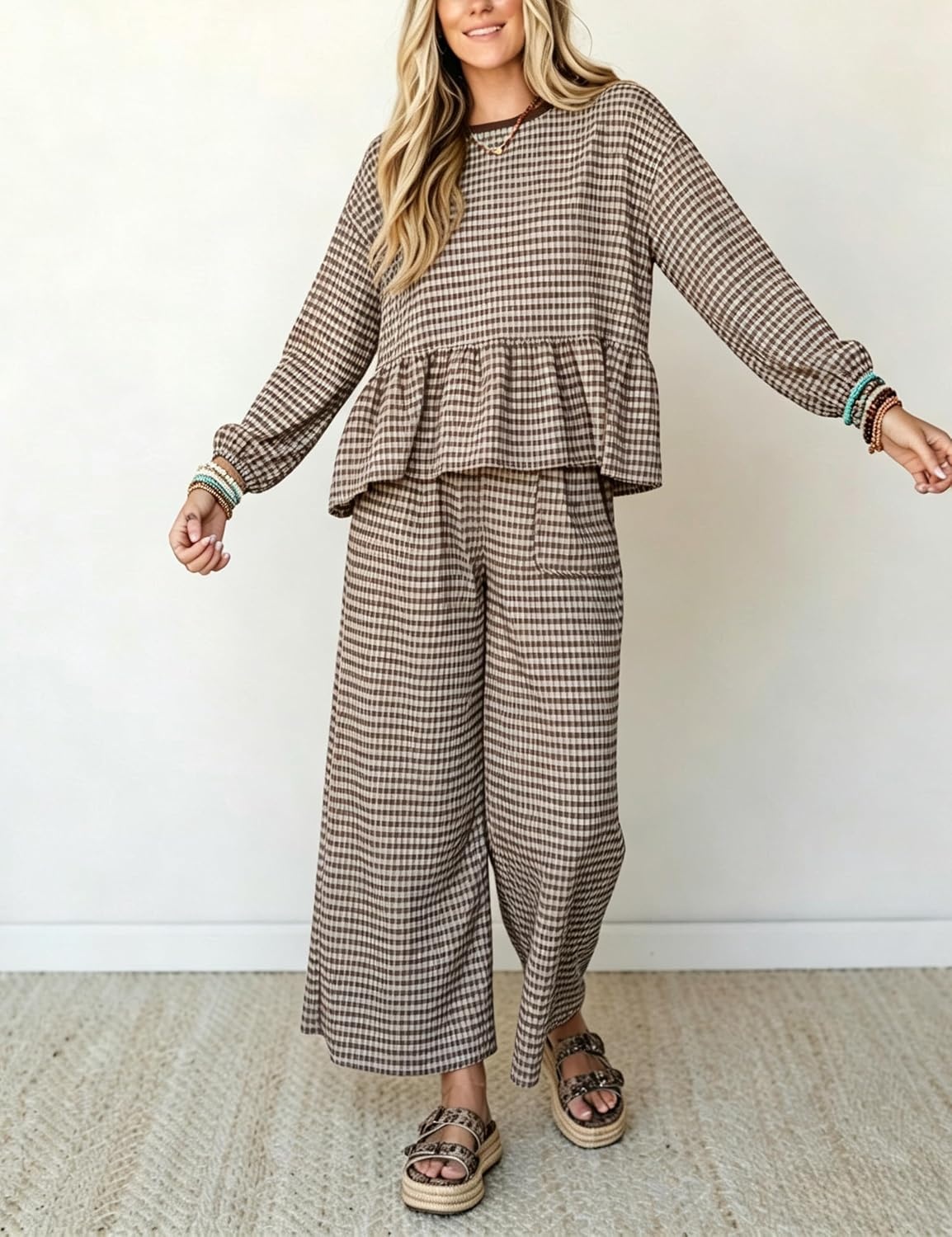 image:imageSpringrain Womens Gingham 2 Piece Outfits Wide Leg Lounge Set Peplum Ruffle Hem Side Pocket Wide Leg Pants Relaxed Balloon Long Sleeves Lightweight Fabric Drawstring Elastic WaistCoffee