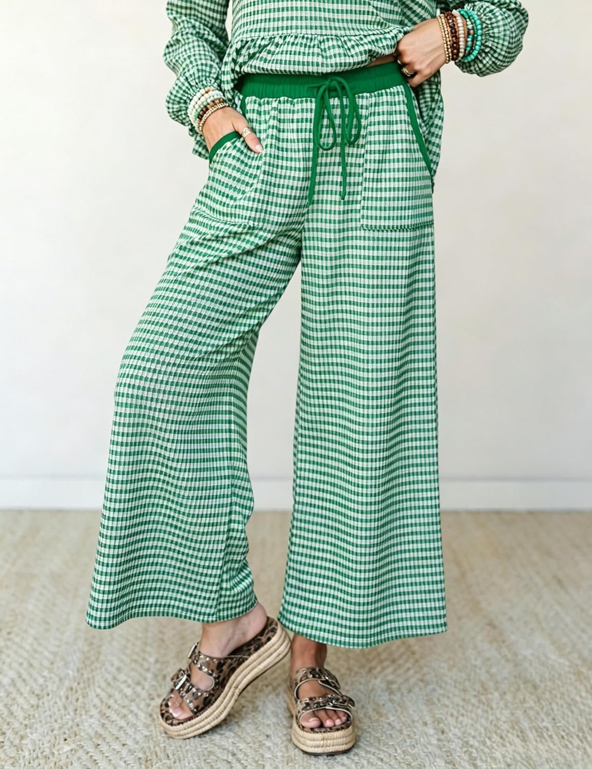 image:imageSpringrain Womens Gingham 2 Piece Outfits Wide Leg Lounge Set Peplum Ruffle Hem Side Pocket Wide Leg Pants Relaxed Balloon Long Sleeves Lightweight Fabric Drawstring Elastic WaistGreen