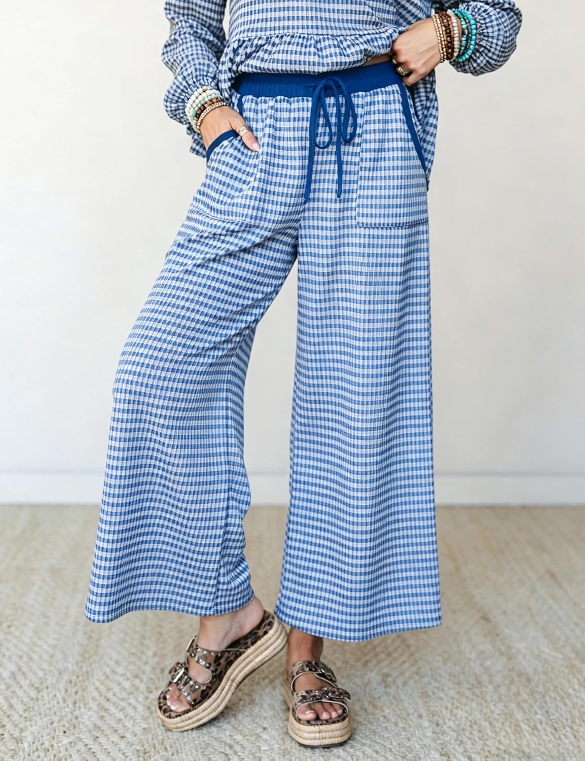 image:imageSpringrain Womens Gingham 2 Piece Outfits Wide Leg Lounge Set Peplum Ruffle Hem Side Pocket Wide Leg Pants Relaxed Balloon Long Sleeves Lightweight Fabric Drawstring Elastic WaistBlue