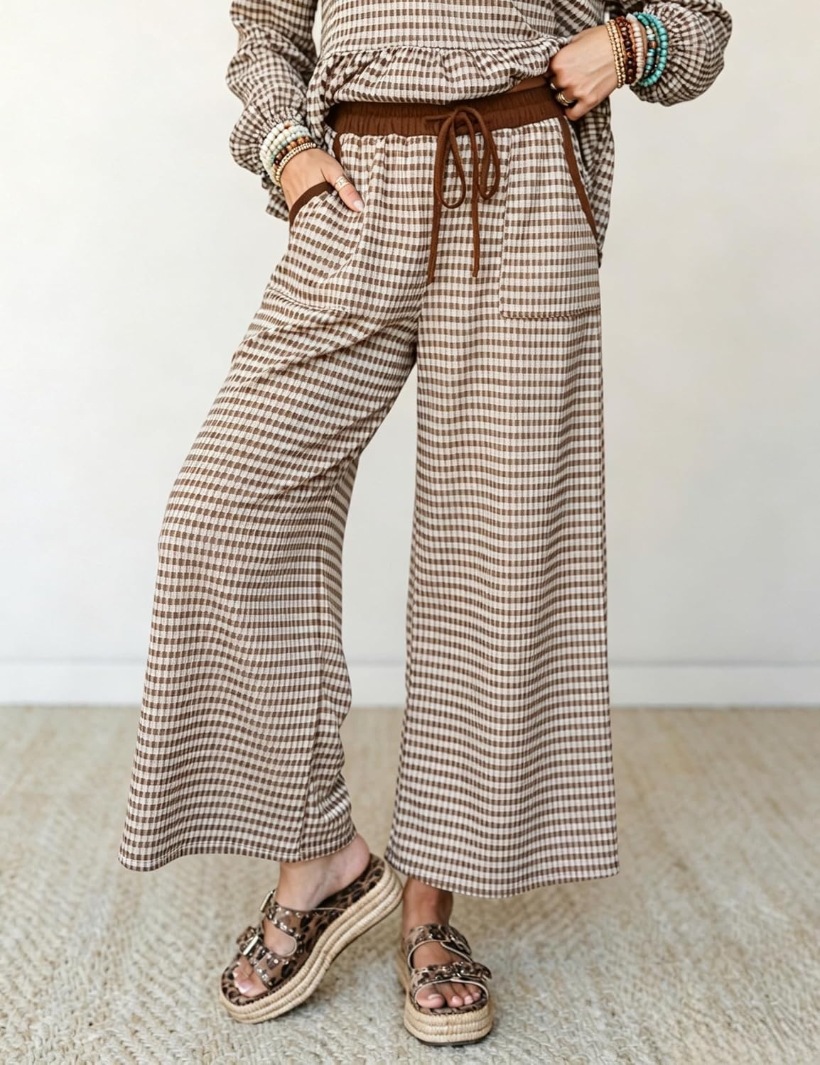 image:imageSpringrain Womens Gingham 2 Piece Outfits Wide Leg Lounge Set Peplum Ruffle Hem Side Pocket Wide Leg Pants Relaxed Balloon Long Sleeves Lightweight Fabric Drawstring Elastic WaistBrown