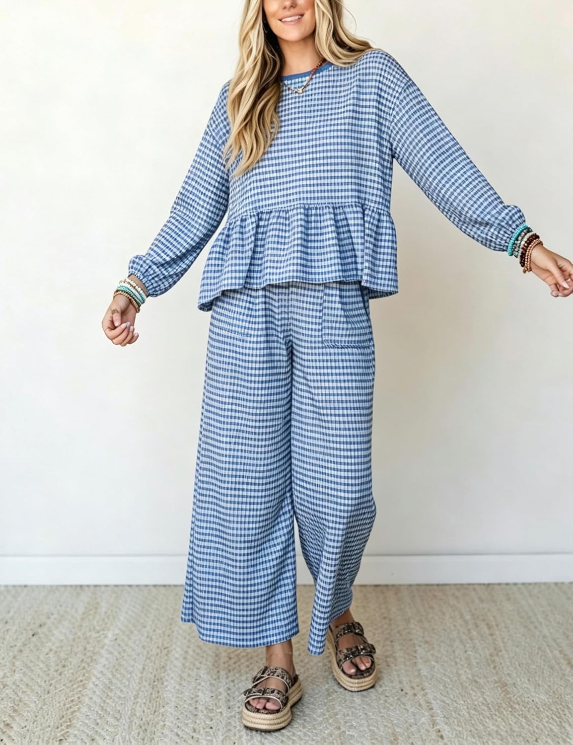 image:imageSpringrain Womens Gingham 2 Piece Outfits Wide Leg Lounge Set Peplum Ruffle Hem Side Pocket Wide Leg Pants Relaxed Balloon Long Sleeves Lightweight Fabric Drawstring Elastic WaistBlue