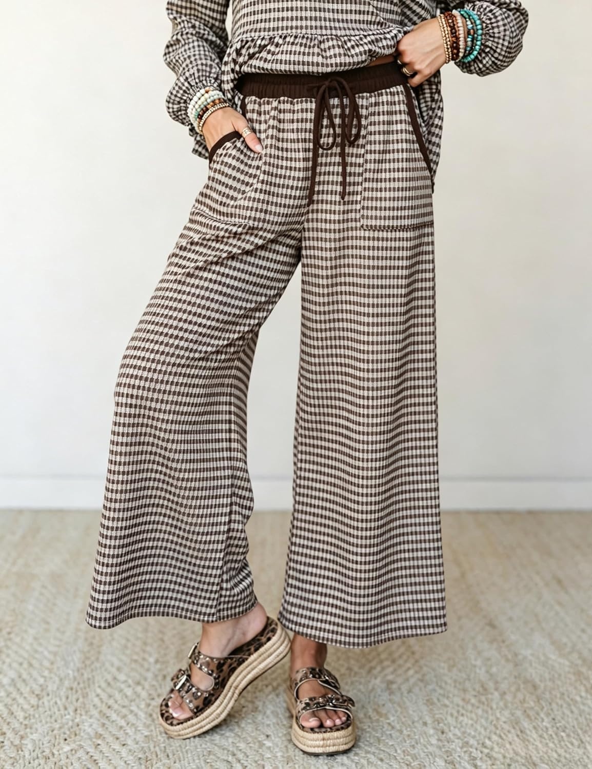image:imageSpringrain Womens Gingham 2 Piece Outfits Wide Leg Lounge Set Peplum Ruffle Hem Side Pocket Wide Leg Pants Relaxed Balloon Long Sleeves Lightweight Fabric Drawstring Elastic WaistCoffee