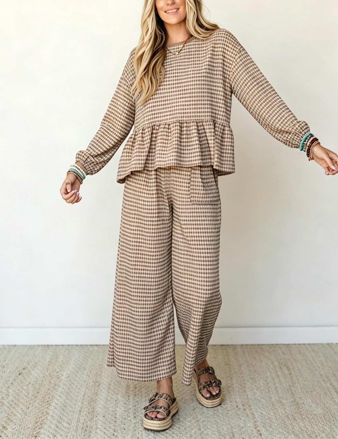 image:imageSpringrain Womens Gingham 2 Piece Outfits Wide Leg Lounge Set Peplum Ruffle Hem Side Pocket Wide Leg Pants Relaxed Balloon Long Sleeves Lightweight Fabric Drawstring Elastic WaistBrown