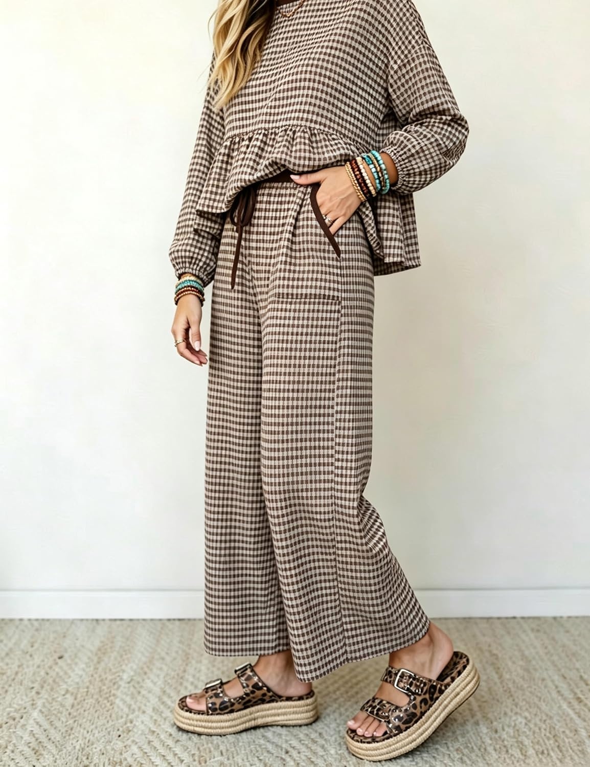 image:imageSpringrain Womens Gingham 2 Piece Outfits Wide Leg Lounge Set Peplum Ruffle Hem Side Pocket Wide Leg Pants Relaxed Balloon Long Sleeves Lightweight Fabric Drawstring Elastic WaistCoffee