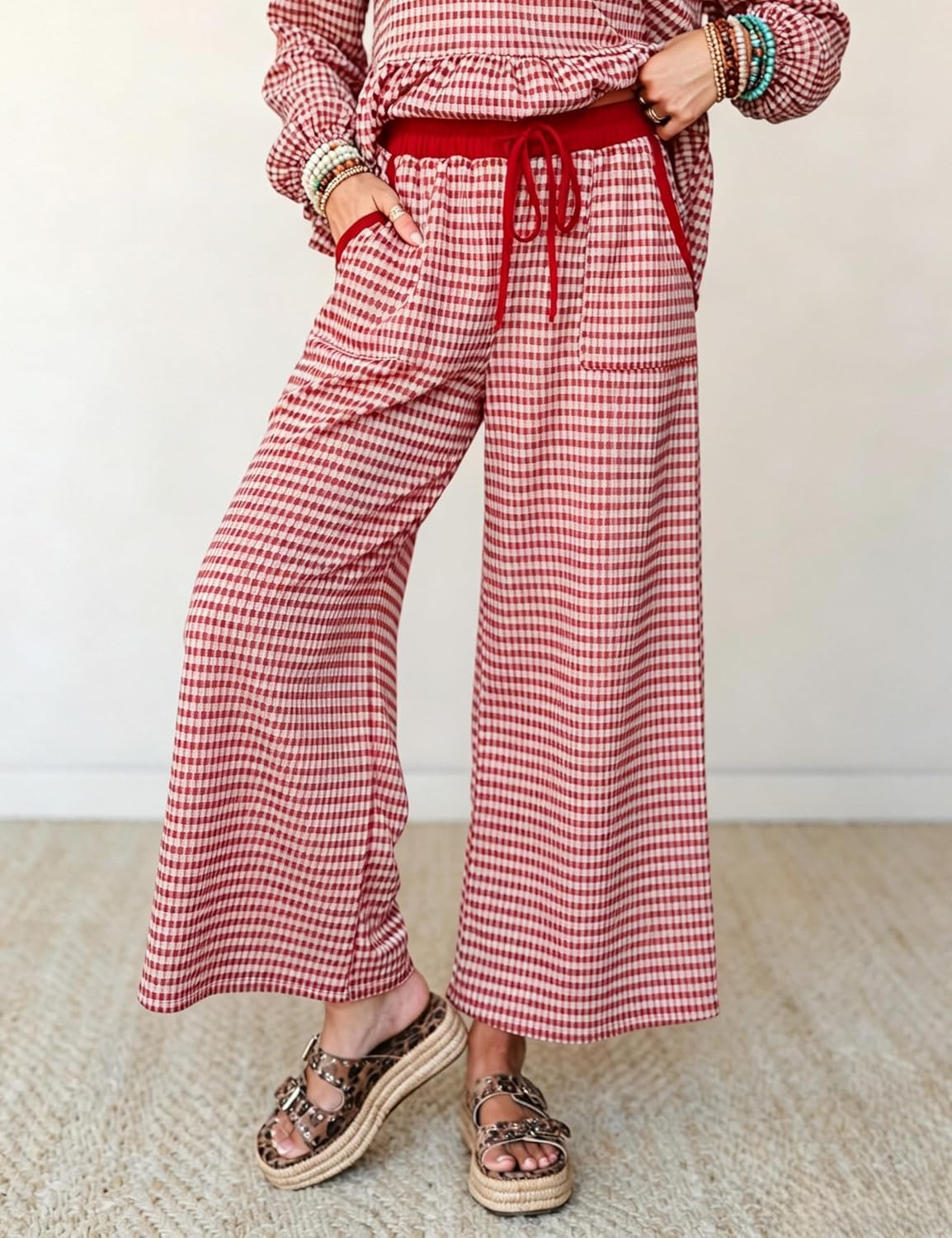 image:imageSpringrain Womens Gingham 2 Piece Outfits Wide Leg Lounge Set Peplum Ruffle Hem Side Pocket Wide Leg Pants Relaxed Balloon Long Sleeves Lightweight Fabric Drawstring Elastic WaistRed