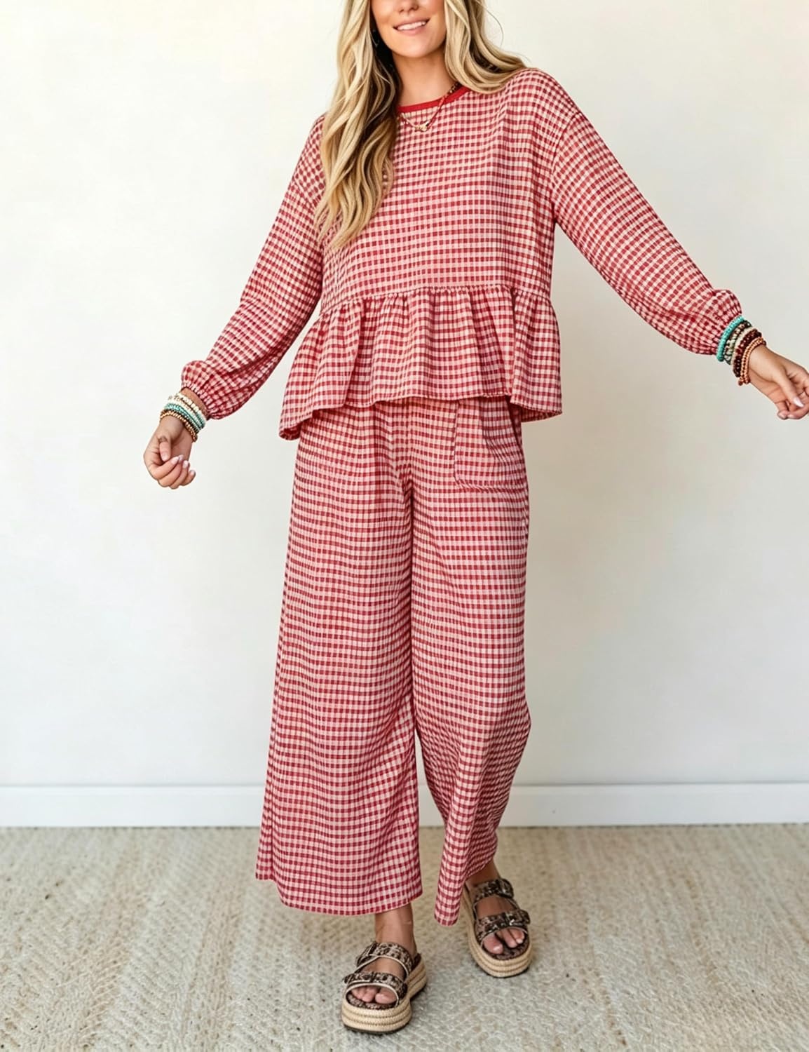 image:imageSpringrain Womens Gingham 2 Piece Outfits Wide Leg Lounge Set Peplum Ruffle Hem Side Pocket Wide Leg Pants Relaxed Balloon Long Sleeves Lightweight Fabric Drawstring Elastic WaistRed