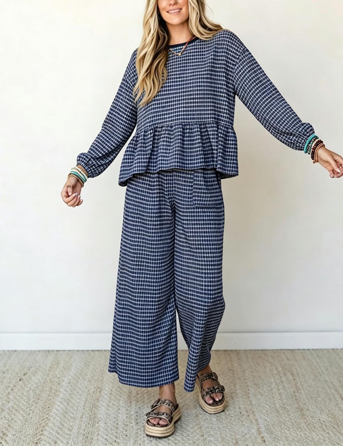 image:imageSpringrain Womens Gingham 2 Piece Outfits Wide Leg Lounge Set Peplum Ruffle Hem Side Pocket Wide Leg Pants Relaxed Balloon Long Sleeves Lightweight Fabric Drawstring Elastic WaistNavy
