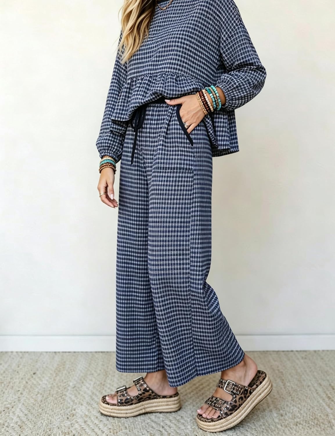 image:imageSpringrain Womens Gingham 2 Piece Outfits Wide Leg Lounge Set Peplum Ruffle Hem Side Pocket Wide Leg Pants Relaxed Balloon Long Sleeves Lightweight Fabric Drawstring Elastic WaistNavy