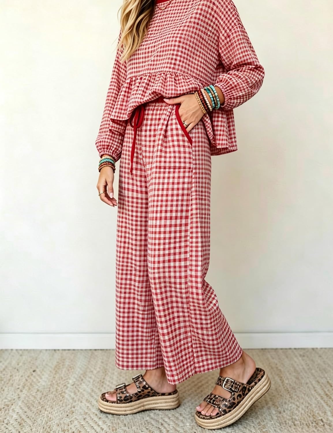 image:imageSpringrain Womens Gingham 2 Piece Outfits Wide Leg Lounge Set Peplum Ruffle Hem Side Pocket Wide Leg Pants Relaxed Balloon Long Sleeves Lightweight Fabric Drawstring Elastic WaistRed