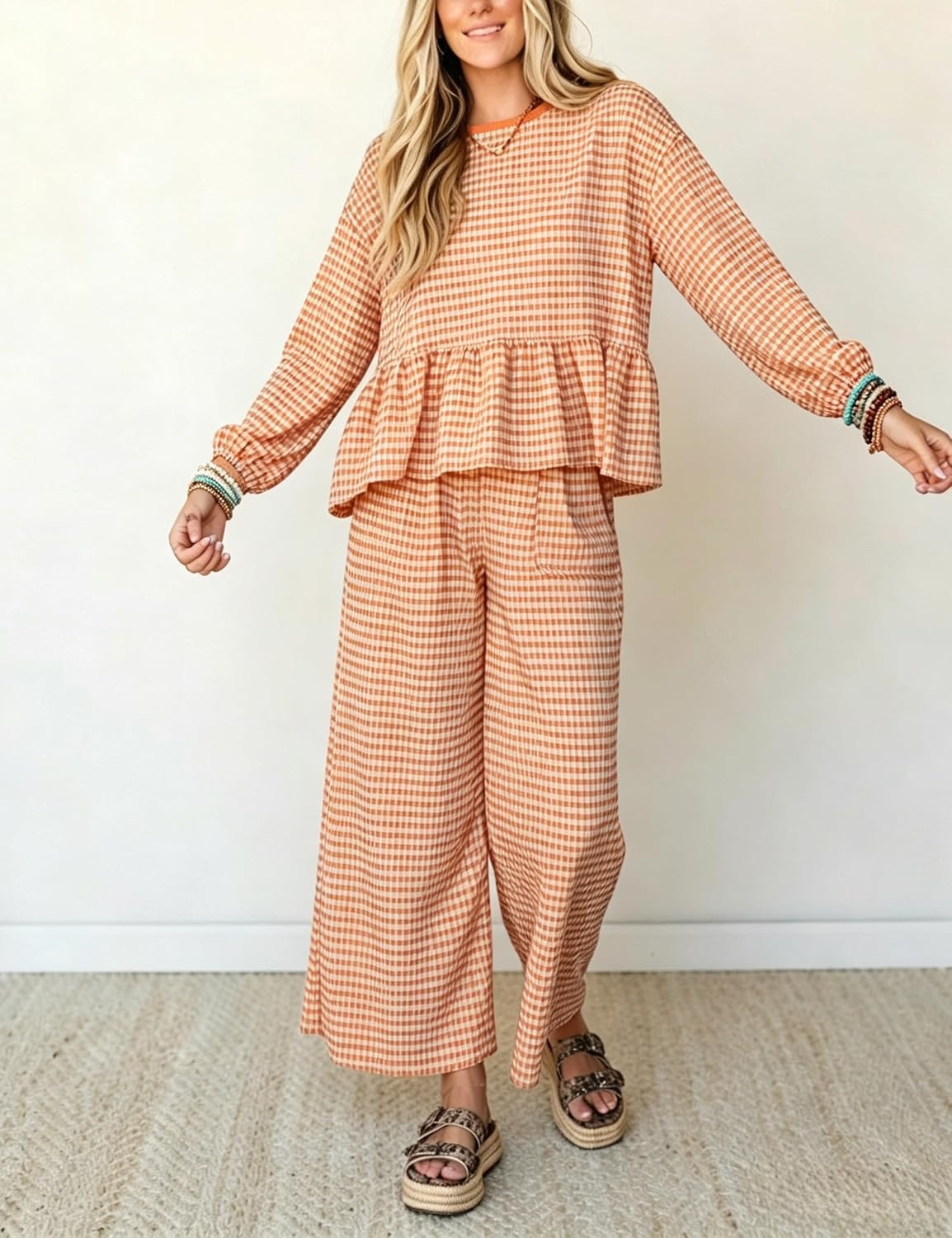 image:imageSpringrain Womens Gingham 2 Piece Outfits Wide Leg Lounge Set Peplum Ruffle Hem Side Pocket Wide Leg Pants Relaxed Balloon Long Sleeves Lightweight Fabric Drawstring Elastic WaistOrange