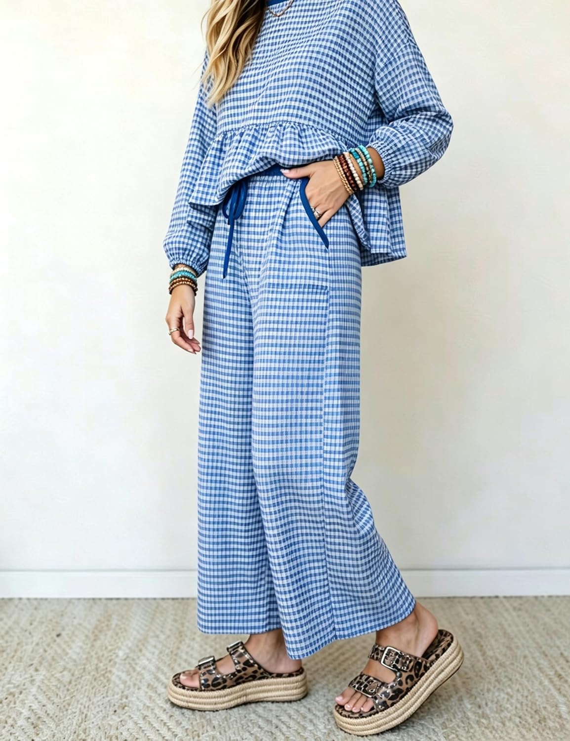 image:imageSpringrain Womens Gingham 2 Piece Outfits Wide Leg Lounge Set Peplum Ruffle Hem Side Pocket Wide Leg Pants Relaxed Balloon Long Sleeves Lightweight Fabric Drawstring Elastic WaistBlue