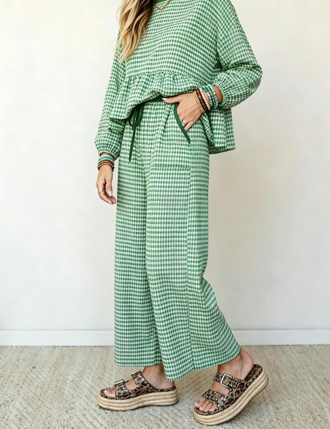 image:imageSpringrain Womens Gingham 2 Piece Outfits Wide Leg Lounge Set Peplum Ruffle Hem Side Pocket Wide Leg Pants Relaxed Balloon Long Sleeves Lightweight Fabric Drawstring Elastic WaistGreen