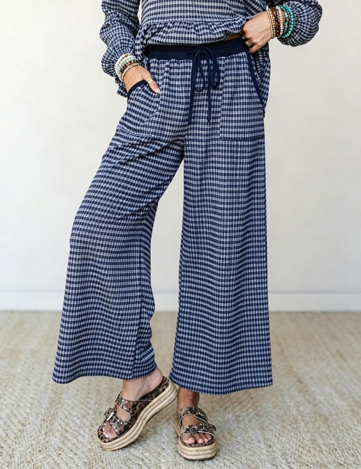 image:imageSpringrain Womens Gingham 2 Piece Outfits Wide Leg Lounge Set Peplum Ruffle Hem Side Pocket Wide Leg Pants Relaxed Balloon Long Sleeves Lightweight Fabric Drawstring Elastic WaistNavy