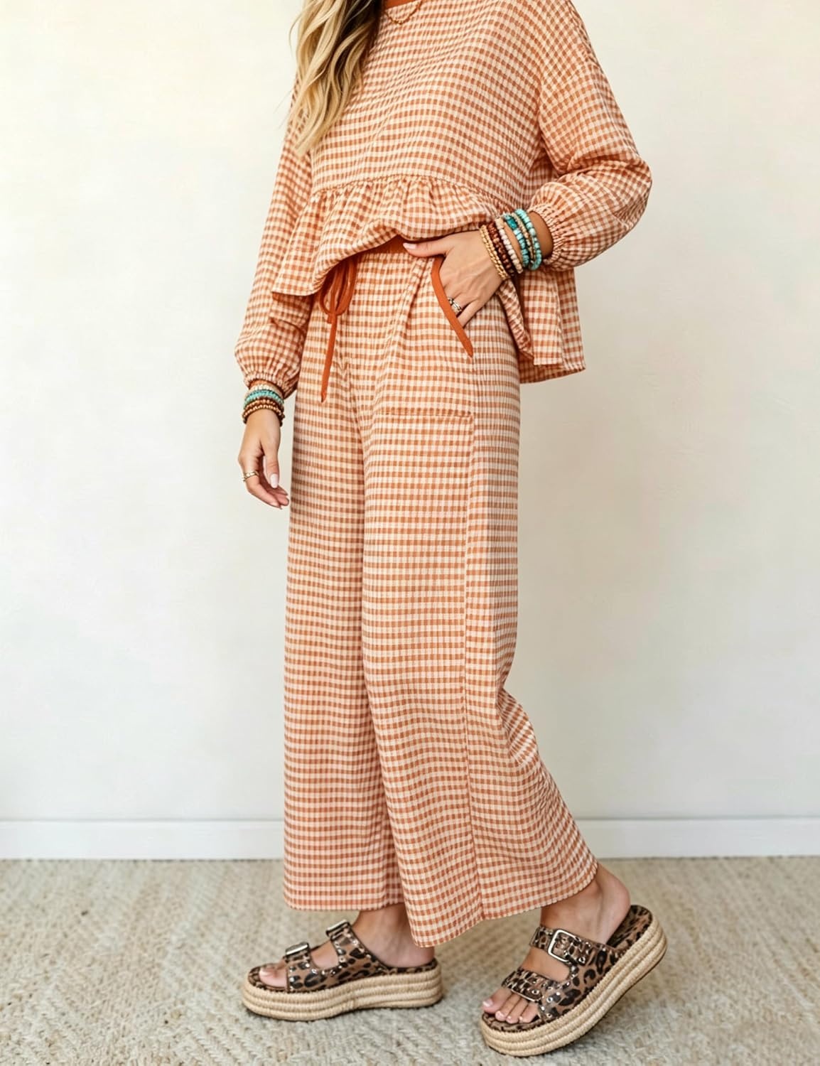 image:imageSpringrain Womens Gingham 2 Piece Outfits Wide Leg Lounge Set Peplum Ruffle Hem Side Pocket Wide Leg Pants Relaxed Balloon Long Sleeves Lightweight Fabric Drawstring Elastic WaistOrange