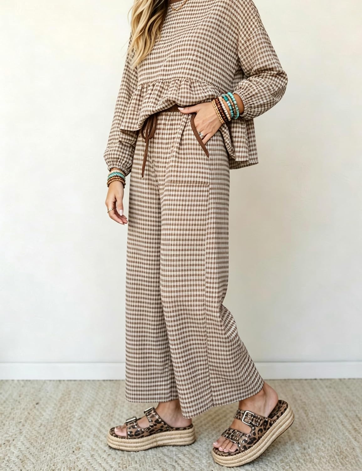 image:imageSpringrain Womens Gingham 2 Piece Outfits Wide Leg Lounge Set Peplum Ruffle Hem Side Pocket Wide Leg Pants Relaxed Balloon Long Sleeves Lightweight Fabric Drawstring Elastic WaistBrown