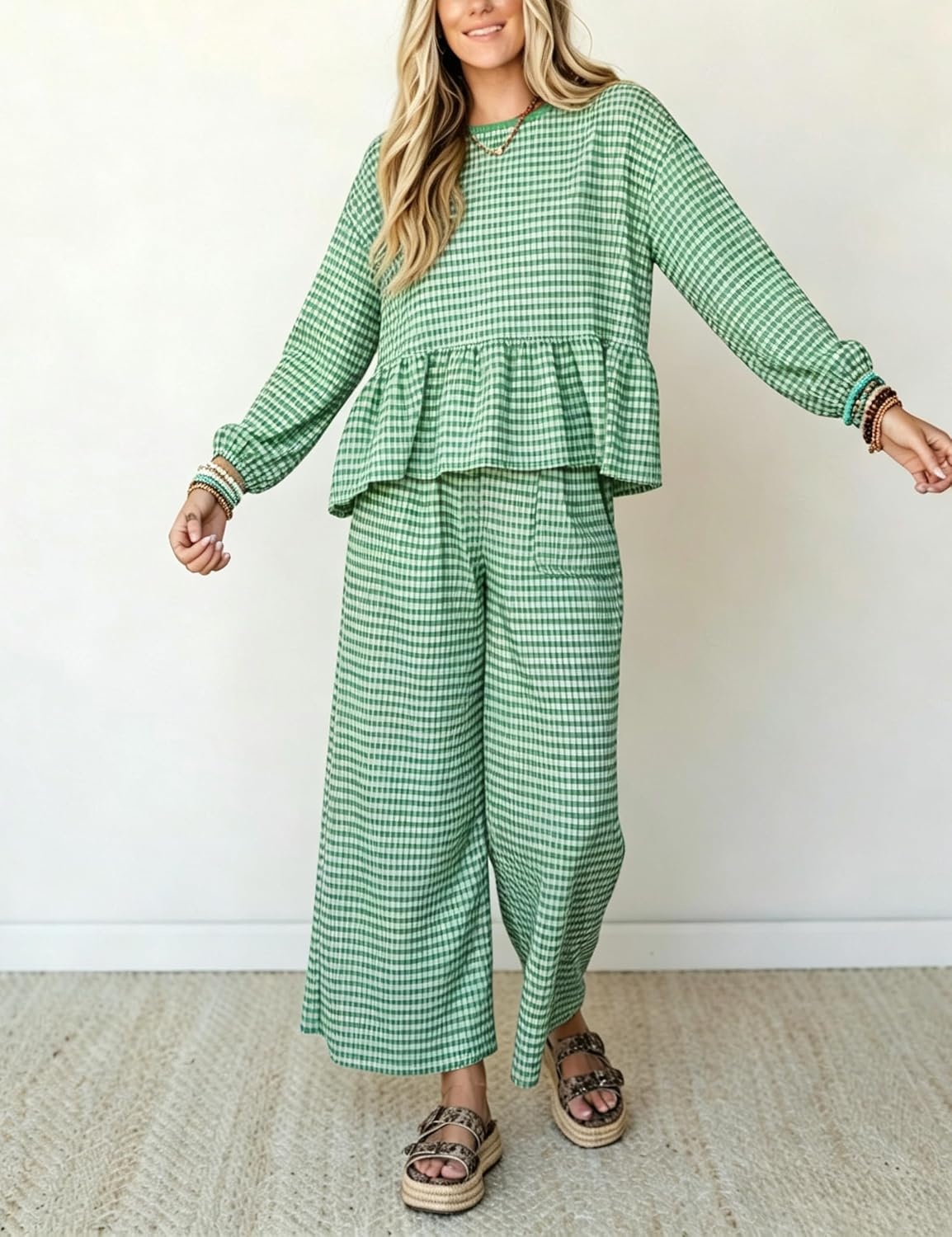 image:imageSpringrain Womens Gingham 2 Piece Outfits Wide Leg Lounge Set Peplum Ruffle Hem Side Pocket Wide Leg Pants Relaxed Balloon Long Sleeves Lightweight Fabric Drawstring Elastic WaistGreen