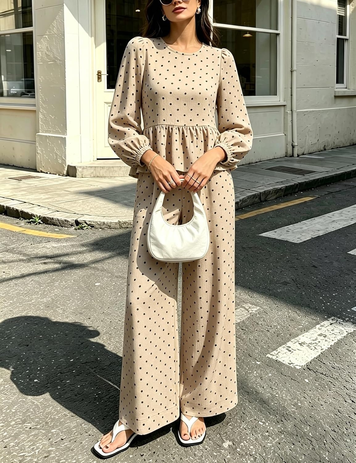 image:imageSpringrain Womens Polka Dot 2 Piece Set Wide Leg Pants Set Soft Breathable 100 Cotton Fabric Flattering Peplum Ruffle Hem Elastic Cuff Balloon Sleeves Functional side pocketsKhaki