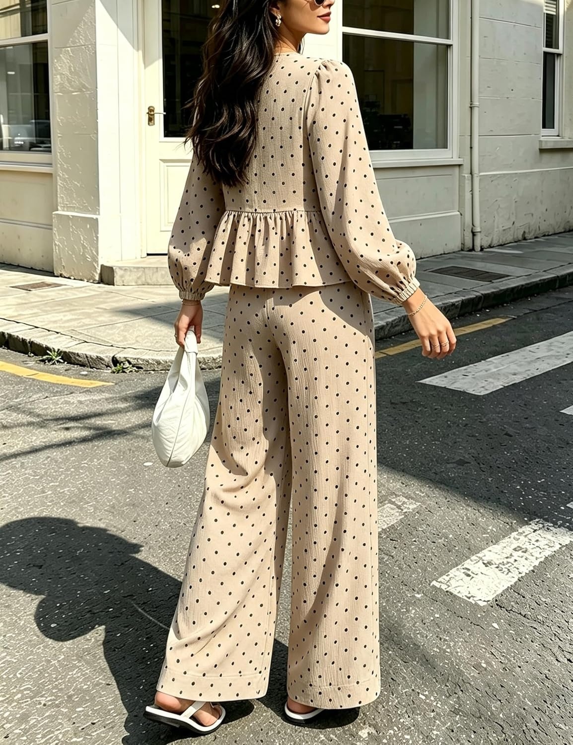 image:imageSpringrain Womens Polka Dot 2 Piece Set Wide Leg Pants Set Soft Breathable 100 Cotton Fabric Flattering Peplum Ruffle Hem Elastic Cuff Balloon Sleeves Functional side pocketsKhaki