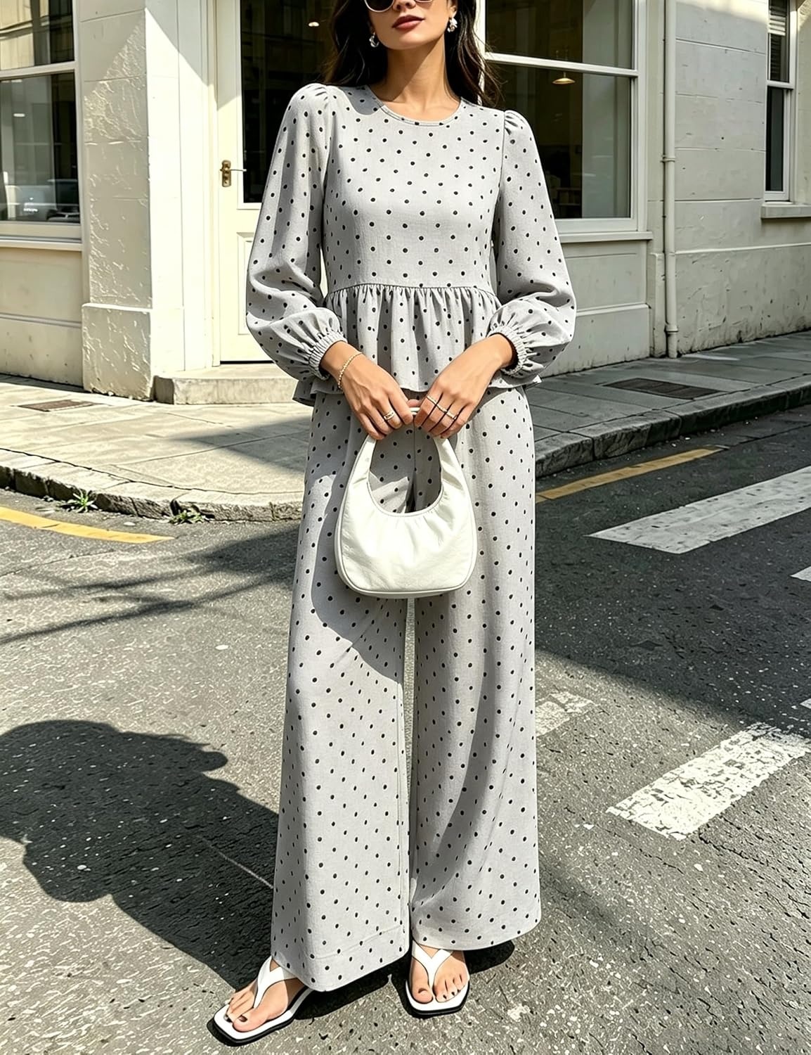 image:imageSpringrain Womens Polka Dot 2 Piece Set Wide Leg Pants Set Soft Breathable 100 Cotton Fabric Flattering Peplum Ruffle Hem Elastic Cuff Balloon Sleeves Functional side pocketsGrey