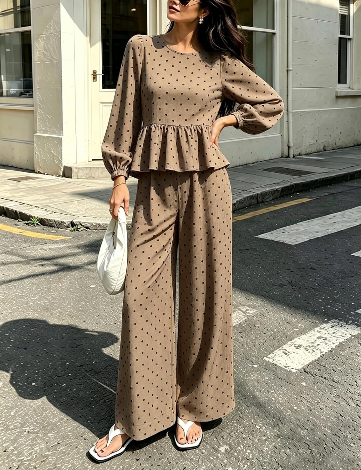 image:imageSpringrain Womens Polka Dot 2 Piece Set Wide Leg Pants Set Soft Breathable 100 Cotton Fabric Flattering Peplum Ruffle Hem Elastic Cuff Balloon Sleeves Functional side pocketsDarkkhaki